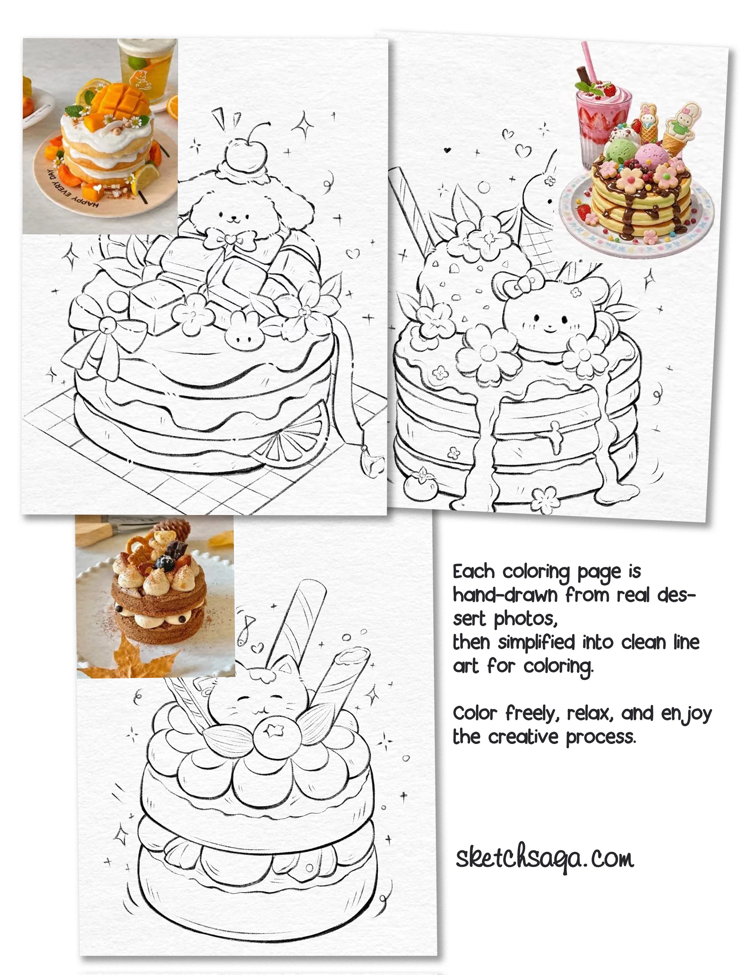 Sweet Desserts Coloring Designs - 25 Hand-Drawn Pages for Kids (Ages 4–8+)