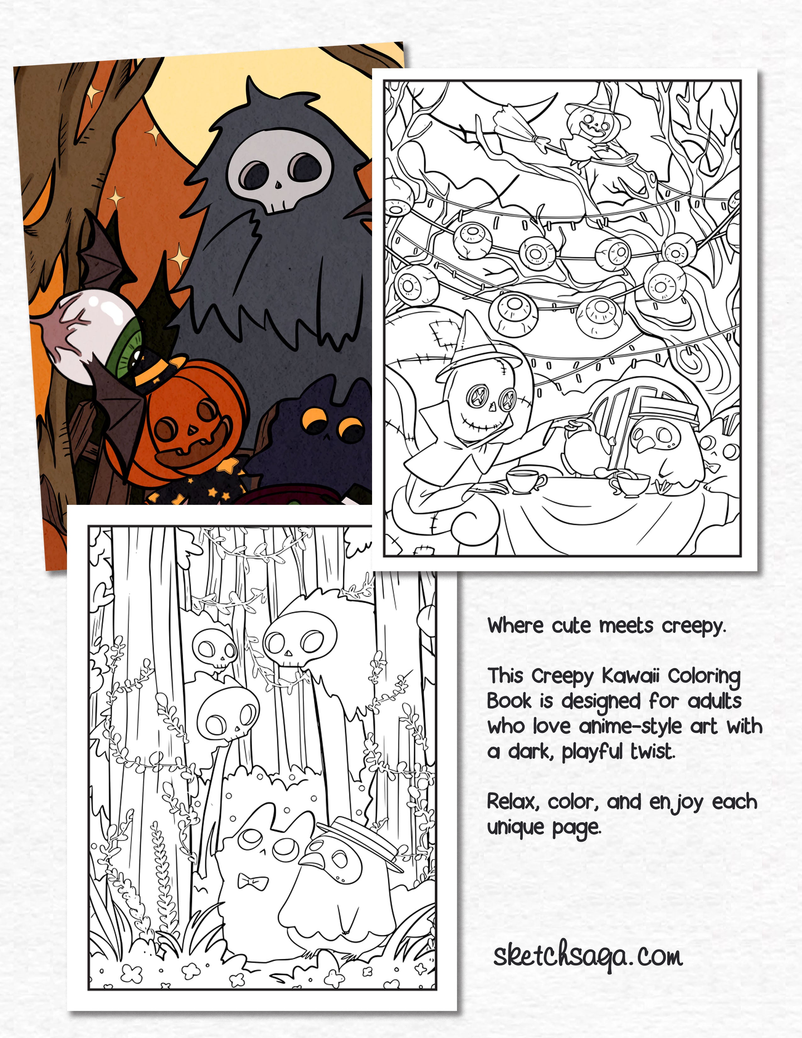 Spooky Cute Coloring Designs – 25 Creepy Kawaii Pages