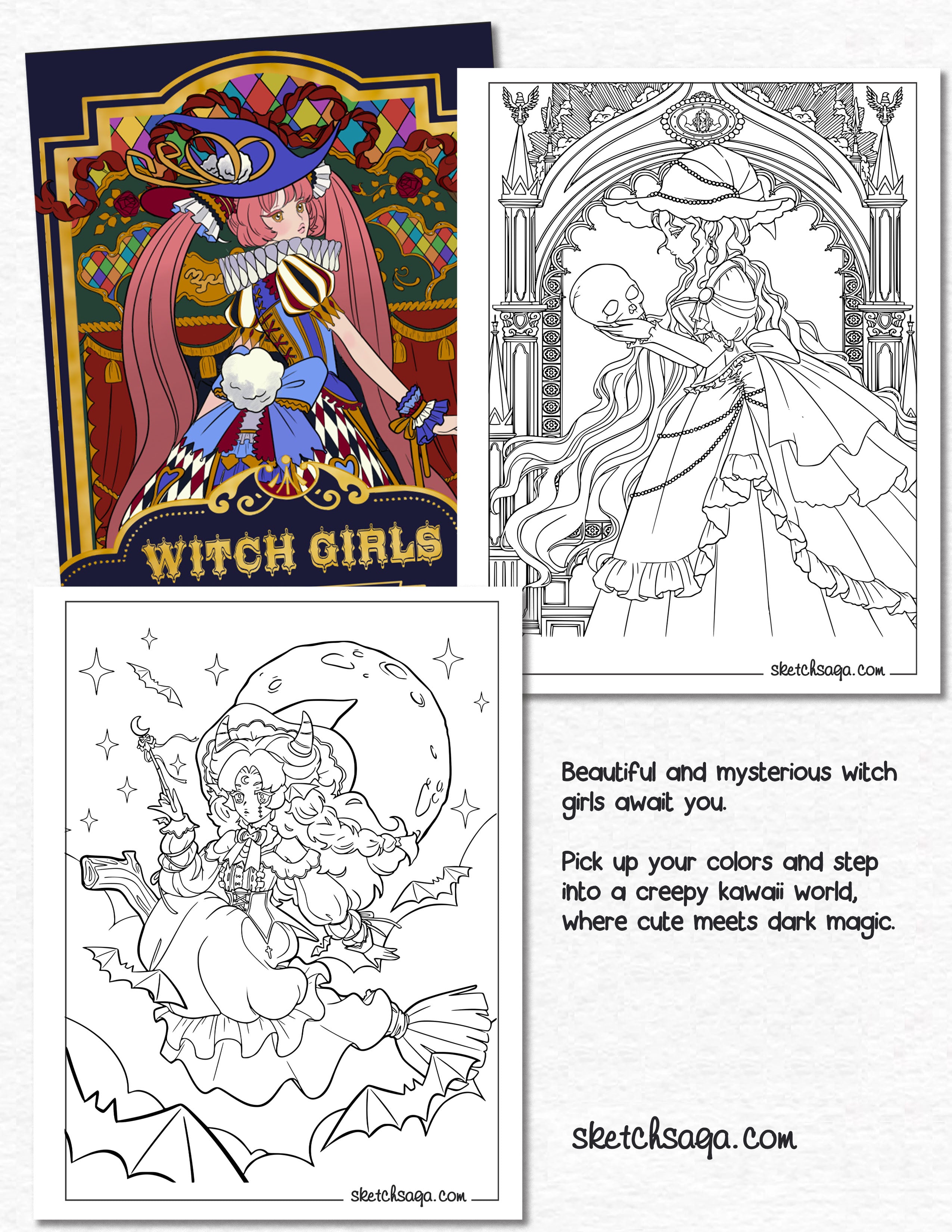 Witchy Kawaii Coloring Designs – 25 Creepy Kawaii Pages